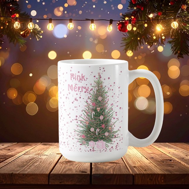 Rosa "Merry" jul Rosa Gräs Träd Anpassad Kaffemugg ("Pink Merry" I Christmas Pine Tree Personalized Coffee Mug)