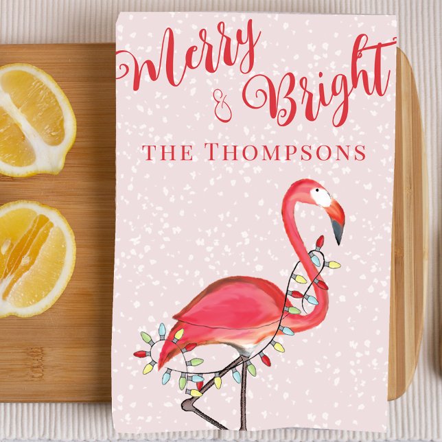 Rosa Merry och Bright Flamingo Personlig Kökshandduk (Merry and Bright Christmas pink flamingo custom towel)