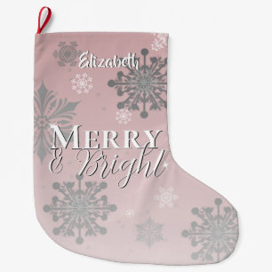 Rosa Merry och Bright Snöflingor Stor Julstrumpa