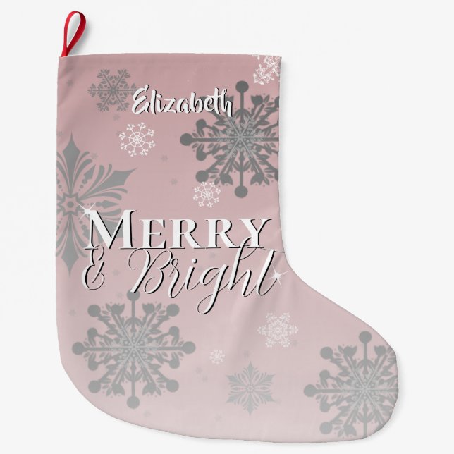 Rosa Merry och Bright Snöflingor Stor Julstrumpa (Framsidan)