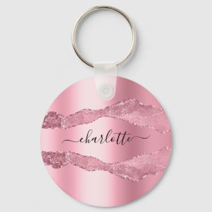 rosa metall agate marble namn-skript nyckelring
