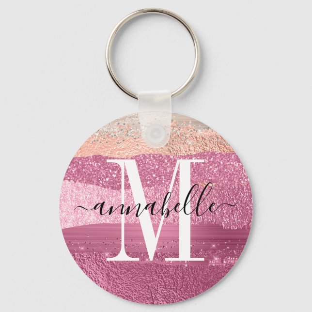Rosa Metallic Brushed Glitter Gnistra Monogram Nyckelring (Framsida)