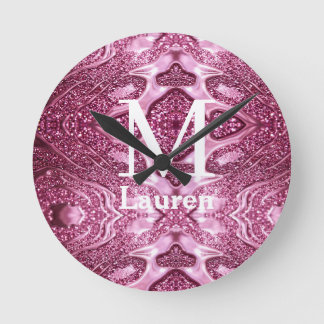 rosa metallisk abstrakt blank monogram namn girlig rund klocka