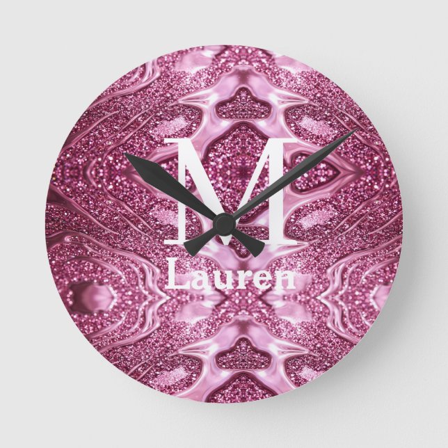rosa metallisk abstrakt blank monogram namn girlig rund klocka (Framsida)