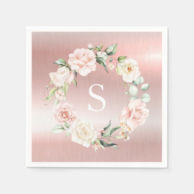 Rosa Metallisk monogram Blommigt  vattenfärg Pappersservett (Framsidan)
