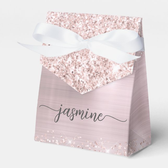 Rosa Metallisk Roséguld Glitter Monogram Namn Presentaskar (Framsidan Sidan)