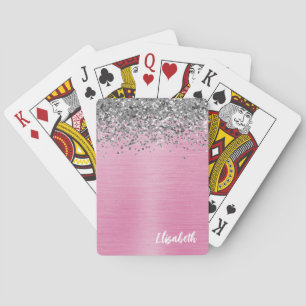 Rosa metallisk silver glitter flickigt monogramnam casinokort