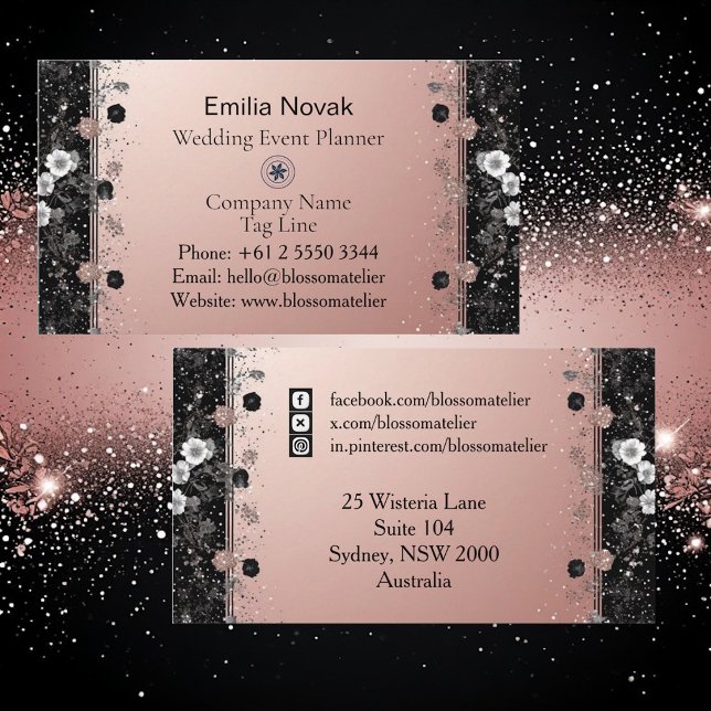Rosa metallisk silverglitter Blommig Modern Visitkort (Blush Pink Metallic Silver Glitter Floral Modern Business Card)
