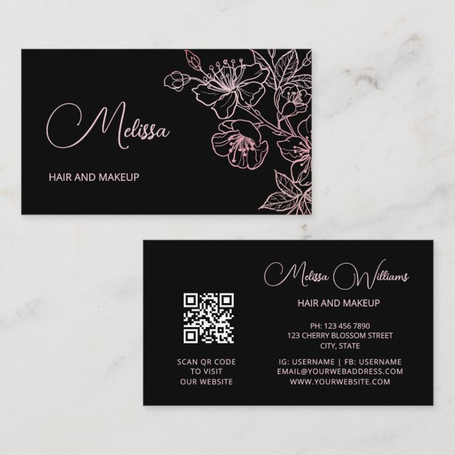 Rosa metallisk svart blommig | QR-kod  Visitkort (Fram/baksida)