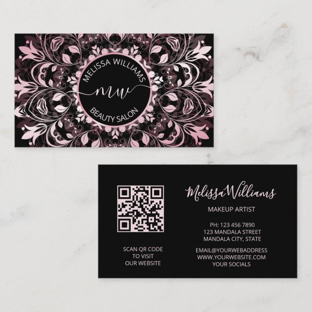Rosa metallisk svart Mandala-logotyp Visitkort (Fram/baksida)