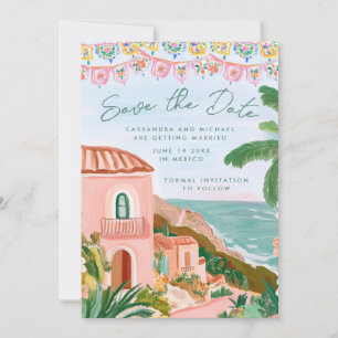 Rosa mexikansk strandstad destination wedding spara datumet