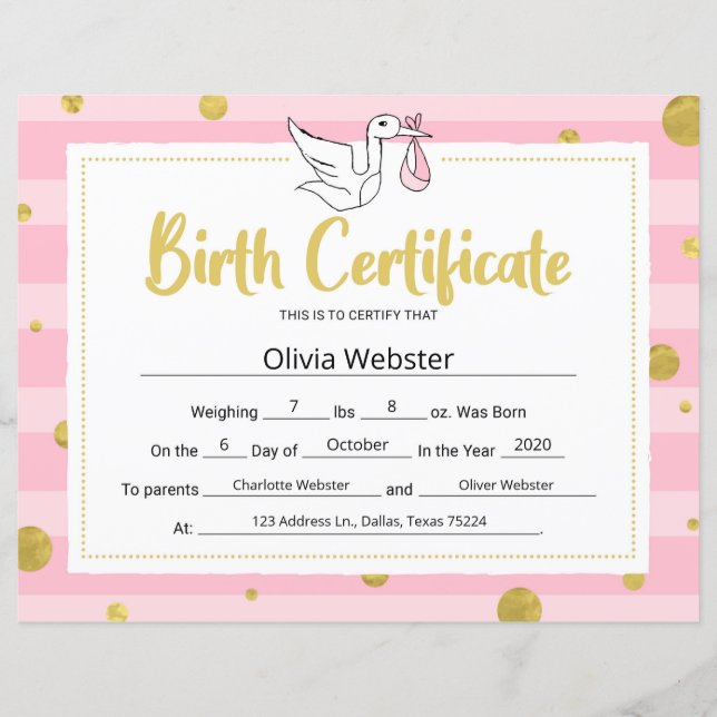 Rosa Milestone Certificate Baby Birgement Certific (Framsida)