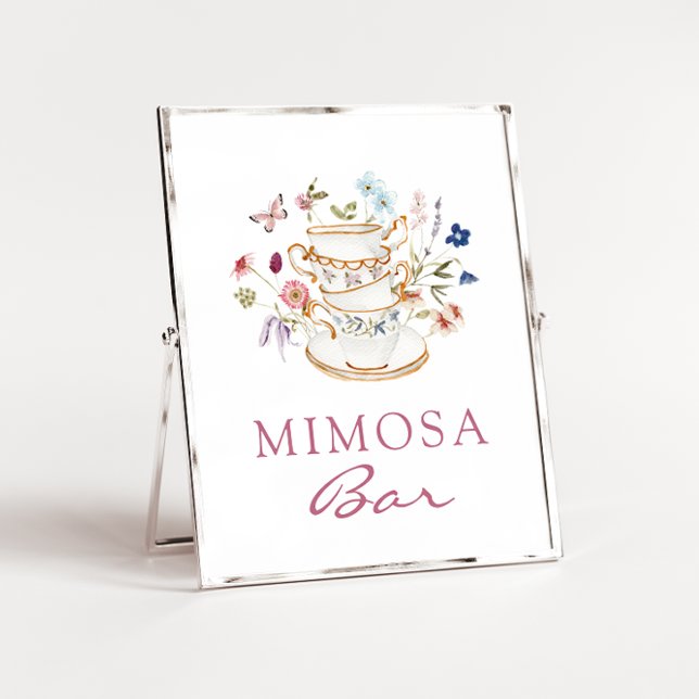 Rosa Mimosa Bar Affisch (Floral Tea Cup Pink Mimosa Bar Poster with Butterfly by Painted Paperie
)