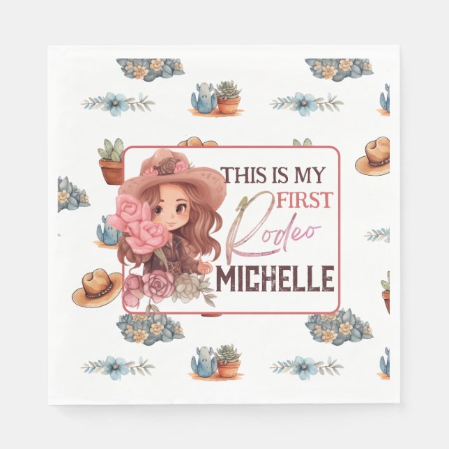 Rosa Min första Pappra Rodeo-Födelsedagsfest-plåt Pappersservett (Framsidan)