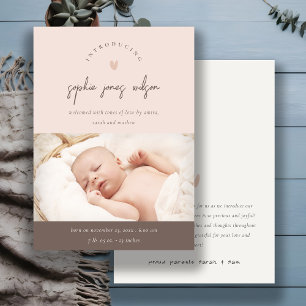 Rosa Minimal Heart-skript Foto Birth Notice Tack Kort