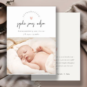 Rosa Minimal Heart-skript Foto Birth Notice Tack Kort