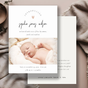 Rosa Minimal Heart-skript Foto Birth Notice Tack Kort
