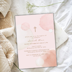 Rosa Minimal vattenfärgning Boho Guld Kor-baptism Inbjudningar