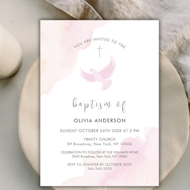 Rosa Minimal vattenfärgsdove Kor Girl Baptism Inbjudningar (Pink Minimal Watercolor Dove Cross Girl Baptism Invitation)