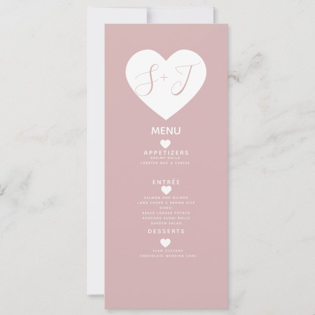 Rosa Minimal Vit Hjärtformad Bröllopsmeny Julkort (Framsida)