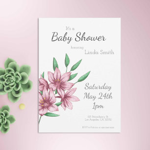 Rosa Minimalist-Blommigt Baby Shower Inbjudningar