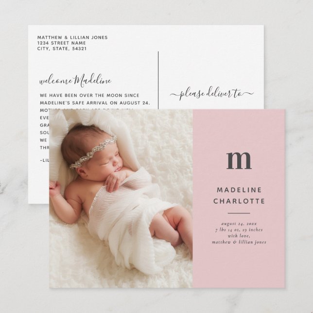 Rosa minimalist flickors foto födelseannonsering vykort (Fram/baksida)