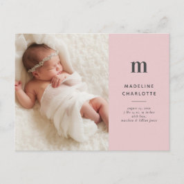 Rosa minimalist flickors foto födelseannonsering vykort