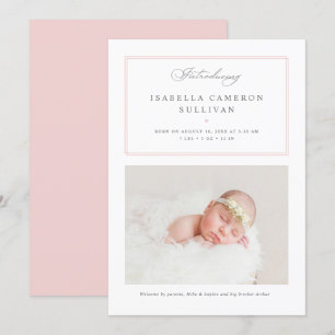 Rosa Minimalist Gräns Script Photo Baby Birth Meddelande