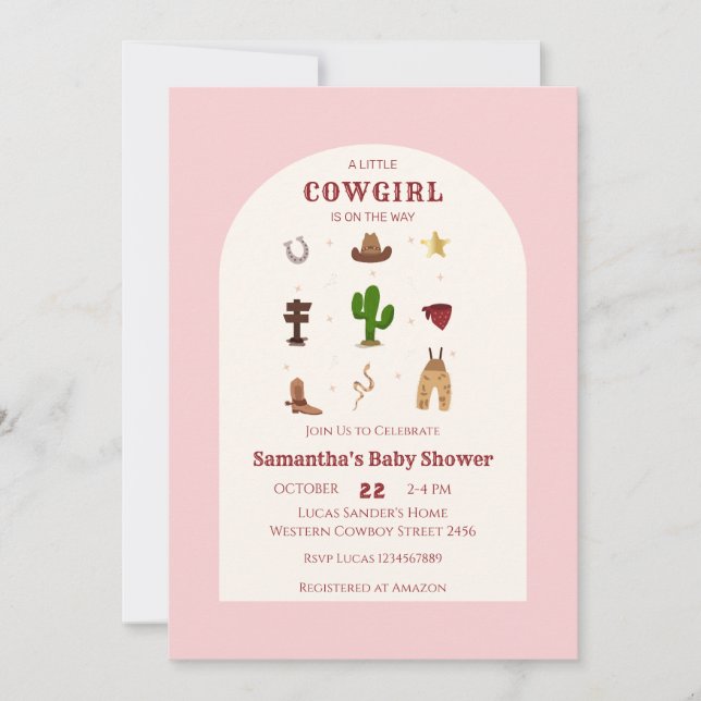 Rosa minimalist Rodeo Cowgirl Photo Baby Shower Inbjudningar (Framsida)