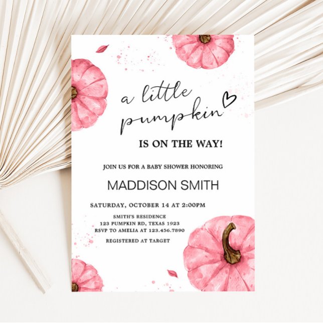 Rosa minimalistisk babystövel för fallsäck inbjudningar (Pink Pumpkin Minimalist Baby Shower Invitation)