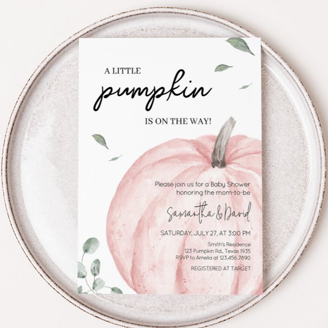 Rosa Minimalistisk babystövel för pumpa Inbjudningar (Watercolor Pumpkin Baby Shower Invitation)