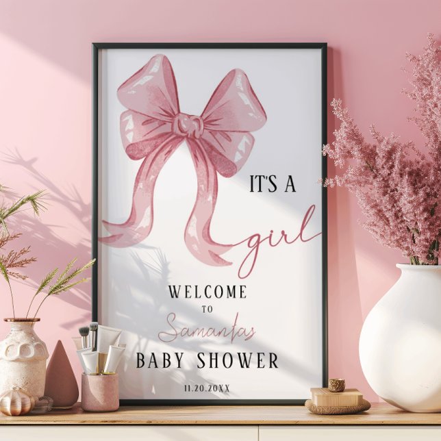 Rosa Minimalistisk Elegant Bow Girl Baby Shower Poster (Skapare uppladdad)