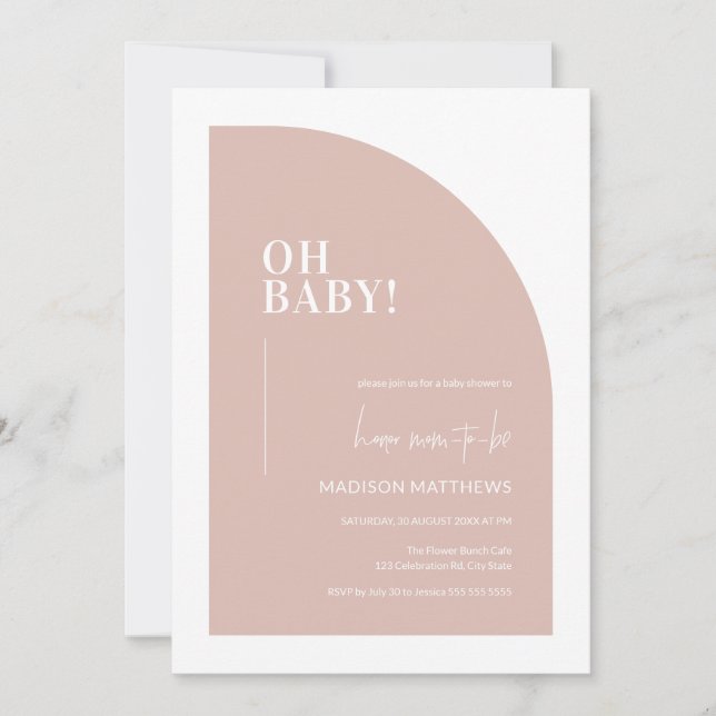  Rosa minimalistisk halv båge Oh Baby Shower Inbjudningar (Framsida)