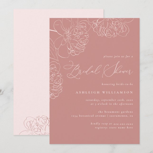 Rosa Minimalistisk handdragen Peonies-Möhippa Inbjudningar (Fram/baksida)