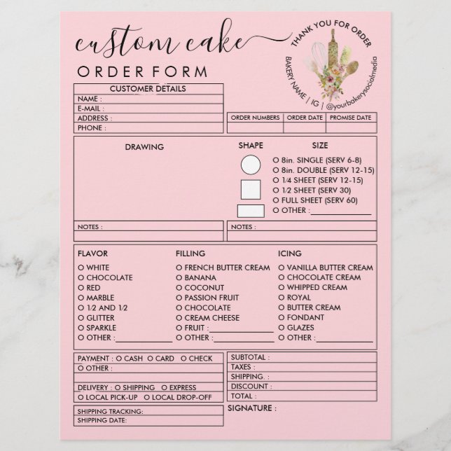 Rosa minimalistisk rustik trä bakery tårta beställ reklamblad (Framsidan)
