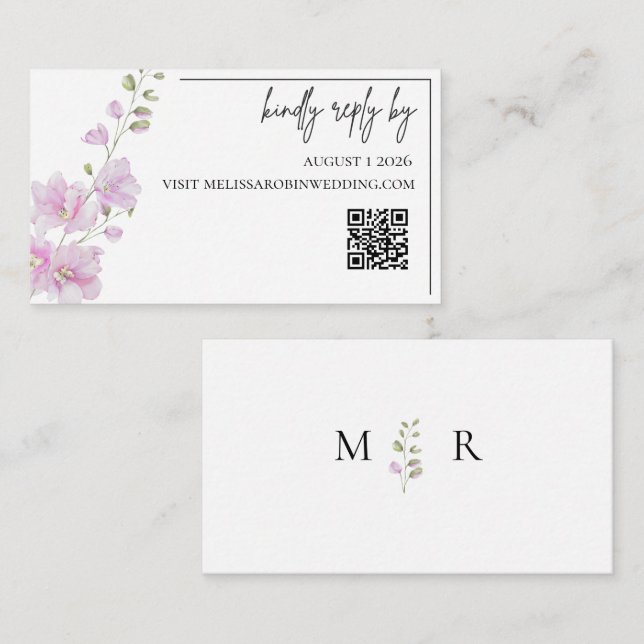 Rosa minimalistiskt bröllops-svarskort med blommot tilläggskort (Fram/baksida)