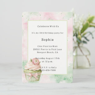Rosa Mint Abstrakt Blomma Cupcake Födelsedag Inbjudningar