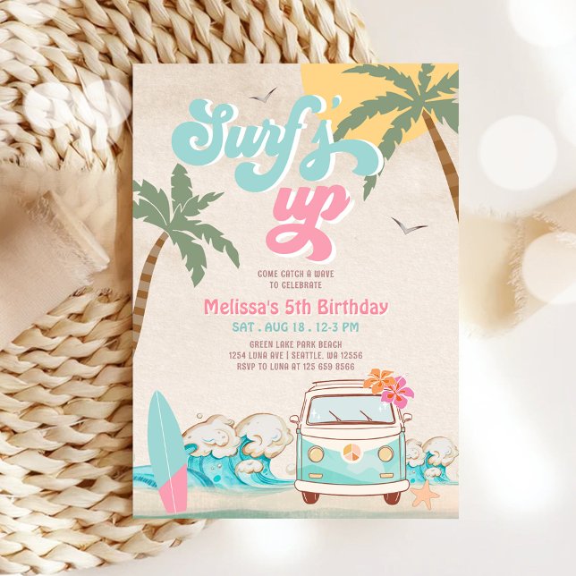 Rosa Mint Aqua Girl Surfas upp Surfdag Inbjudningar (Skapare uppladdad)
