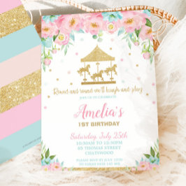 Rosa Mint Blommigt Carousel 1st Birthday Girl Inbjudningar