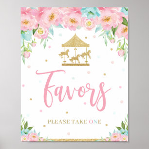 Rosa Mint Blommigt Carousel Birthday Shower Favues Poster