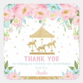 Rosa Mint Blommigt Carousel Birthday Tack Favor Fyrkantigt Klistermärke