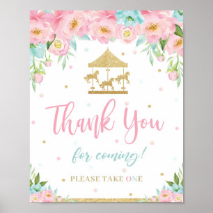 Rosa Mint Blommigt Carousel Birthday Tack Favor Poster