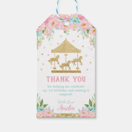 Rosa Mint Blommigt Carousel Birthday Tack Favor Presentetikett