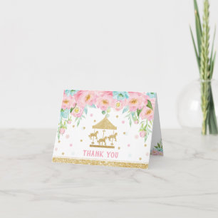 Rosa Mint Blommigt Carousel Födelsedagsfest Tack Kort