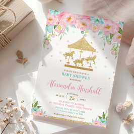 Rosa Mint Blommigt Carousel Girl Baby Shower Inbjudningar