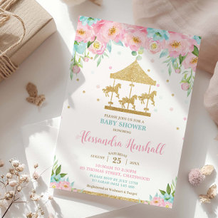 Rosa Mint Blommigt Carousel Girl Baby Shower Inbjudningar