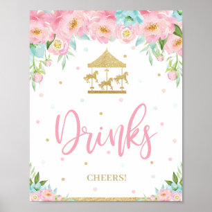 Rosa Mint Blommigt Karousel Birthday Shower Drinks Poster