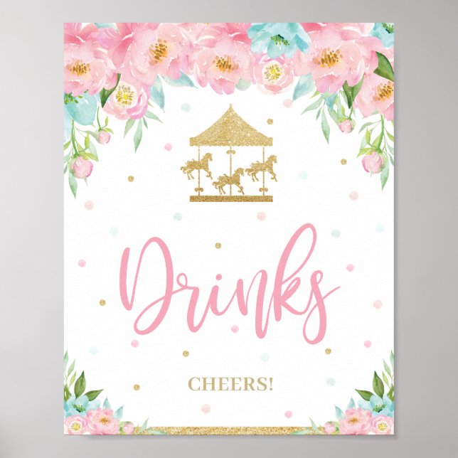 Rosa Mint Blommigt Karousel Birthday Shower Drinks Poster (Framsidan)