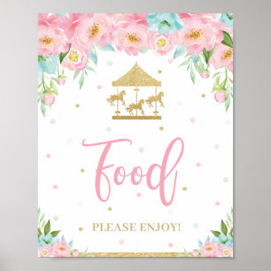 Rosa Mint Blommigt Karousel Birthday Shower Food Poster
