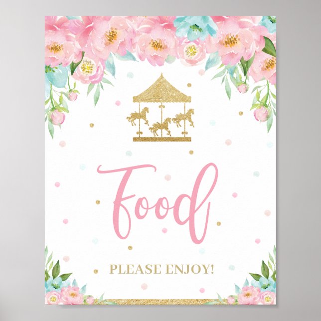 Rosa Mint Blommigt Karousel Birthday Shower Food Poster (Framsidan)
